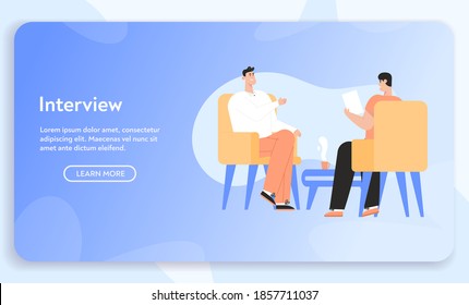 Vector banner of Interview concept. Journalist interviews man, sitting in armchairs at studio. Hiring manager and job seeker talking, recruitment concept. Blogging, podcasting. Character illustration