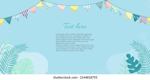 Vector banner with isolated flags, leaves and abstract spots with empty space for text on blue backdrop. For poster, web or advertising banner, festival invitation, greeting card, mailing, newsletter