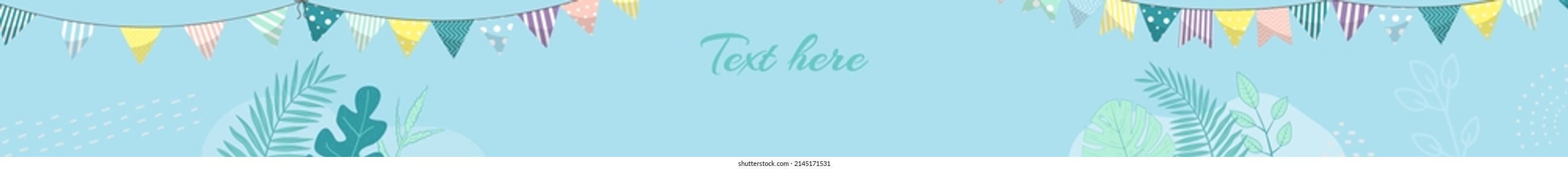 Banner vectorial con banderas aisladas, hojas y puntos abstractos con espacio vacío para texto sobre fondo azul. Para afiches, banner web o publicitario, invitación al festival, tarjeta de saludo, correo postal, boletín