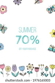 Vector banner with isolated hand drawn flowers, butterflies and place for text on white background. Template for site, poster, web and advertising banner, article, invitation, mailing, card or flyer.