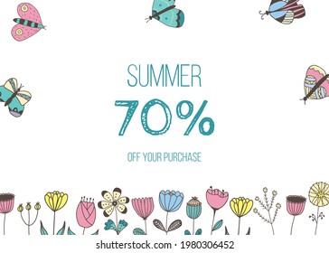 Vector banner with isolated hand drawn flowers, butterflies and place for text on white background. Template for site, poster, web and advertising banner, article, invitation, mailing, card or flyer.