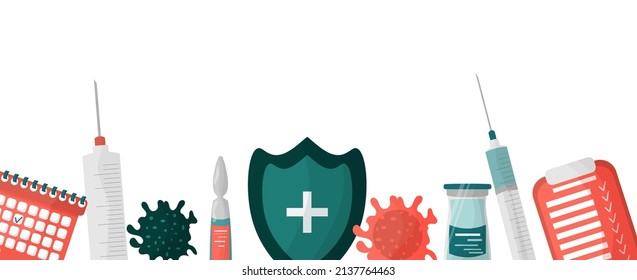 Pancarta vectorial con elementos para la vacunación contra covid-19, vacuna contra el coronavirus, desarrollo de vacunas. Jeringa, inyección, medicamentos, vitaminas, calendario, planificación. Usa publicidad, fondo, afiche.