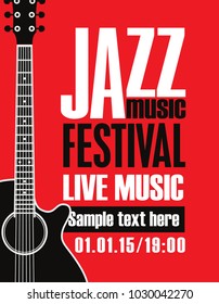 Vector banner for Jazz festival of live music with acoustic guitar in retro style on red background