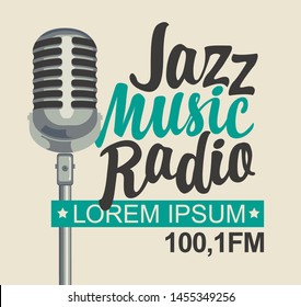 Vector banner for jazz music radio with microphone and inscription in retro style. Radio broadcasting concept with classic dynamic silver mic. Suitable for banner, ad, poster, flyer, logo