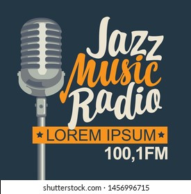 Vector banner for jazz music radio with microphone and inscription in retro style. Radio broadcasting concept with classic dynamic silver mic. Suitable for banner, ad, poster, flyer, logo