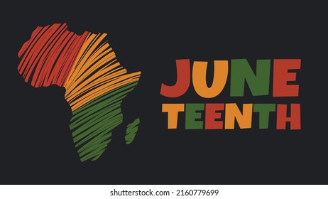 Cartel vectorial 12 de junio - celebración del fin de la esclavitud en Estados Unidos, Día de la Libertad de Emancipación Africano-Estadounidense. Continente africano con garabatos rojos, verdes y amarillos sobre fondo negro