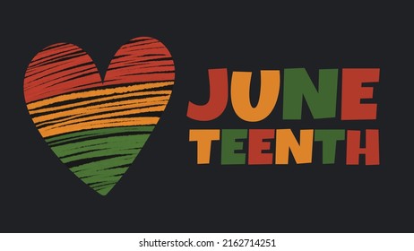 Vector banner Juneteenth - celebration ending of slavery in USA, African American Emancipation Freedom Day. Heart in African colors - red, green, yellow on black background