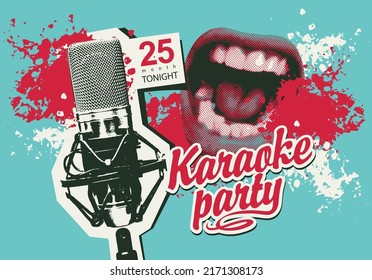 Banner vector para la fiesta de karaoke con una boca de canto, micrófono de estudio, manchas de pintura abstractas y una inscripción en un fondo azul. Adecuado para carteles publicitarios, banner musical, volante, invitación