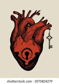 Vector banner with a keyhole in the heart and an old key in retro style. Abstract hand-drawn illustration with a lock in the shape of a human heart. Suitable for valentine card, T-shirt design, tattoo