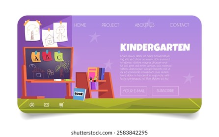 Vector banner of kindergarten website web page with chalk board with drawings and shelves with books. Development and education. Space for text. Flat cartoon style. Illustration.