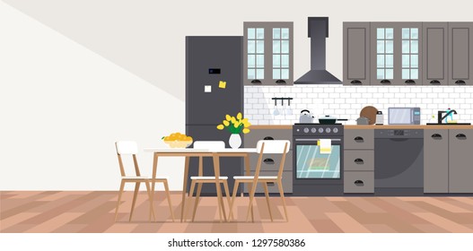 Vector Banner With Kitchen Interior In Flat Style.