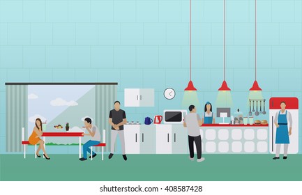 Vector Banner With Kitchen Interior. People Having Lunch In Office Cafe.