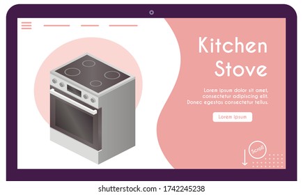 Vector banner of kitchen stove in isometric view. Equipment for cooking food at home or in restaurant. Illustration of furniture for modern design interior. Banner template design, landing page