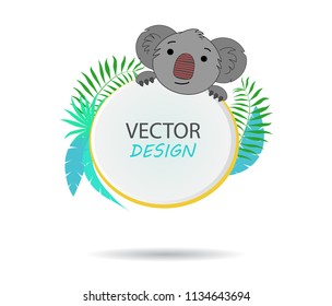 Vector banner with koala. Tropical banner. Frame for text with a cartoon animal koala. Banner with palm leaves. Cute print. Frame design for text.