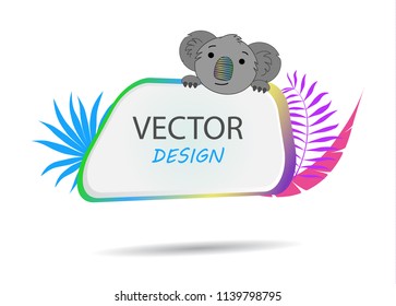 Vector banner with koala. Tropical banner. Frame for text with a cartoon animal koala. Banner with palm leaves. Cute print. Frame design for text.