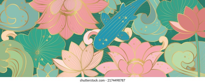Pancarta vectorial con carpa koi y flores de loto dorado. Estilo de arte de línea. Antecedentes asiáticos.
