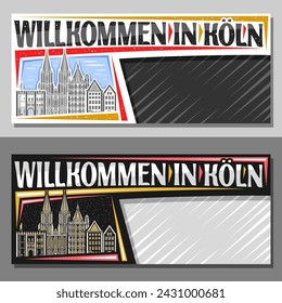 Vector banner for Koln with copy space, decorative template with illustration of famous european koln city scape on day and dusk sky background, art design tourist card with words willkommen in koln