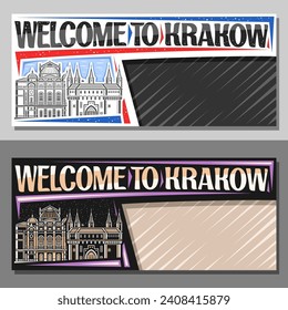 Vector banner for Krakow with copy space, decorative layout with outline illustration of european krakow city scape on day and dusk sky background, art design tourist card with words welcome to krakow