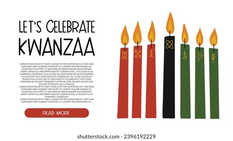 Vector banner for Kwanzaa with kinara candles - red, black, green with hand drawn symbols of seven principles of Kwanza and copy space for text. Cute simple hand drawn style