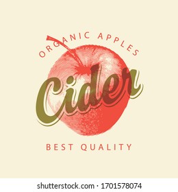 Vector banner or label for Apple cider with a realistic image of red apple and calligraphic inscription in retro style on the light background