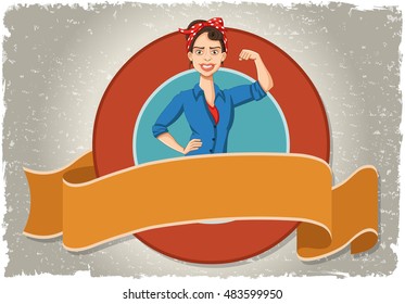 Banner de vetor e fundo do rótulo com mulher forte retro. Faixa de opções de texto de design vintage. 