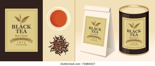 Vector banner and label for black tea with the image of a tea leaf on the twig and the inscription. Tea Cup, pinch of welding, 3D paper pack and a tin can of tea with this label