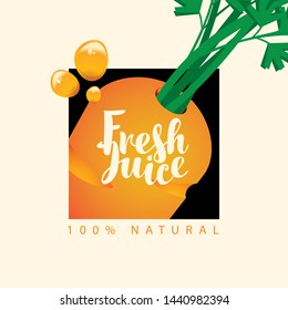 Vector banner or label with carrot, yellow juice drops and calligraphic inscription Fresh juice