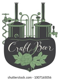 Vector banner or label for craft beer with a handwritten inscription and hops and image of brewery production line and brewing equipment in retro style