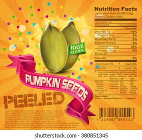 vector banner label (element for design), pumpkin seeds on an orange background with ribbon