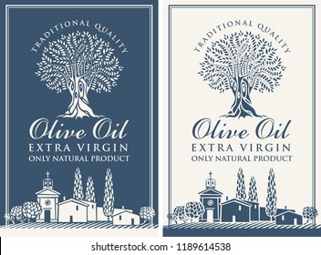 Vector banner or label for extra virgin olive oil with olive tree, calligraphic inscription and with Italian countryside landscape in retro style.