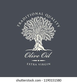 Vector banner or label for extra virgin olive oil with decorative olive tree and handwritten inscriptions on dark background in retro style