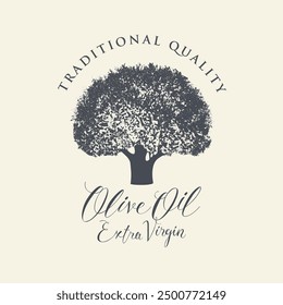 Vector banner or label for extra virgin olive oil with realistic olive tree and handwritten inscriptions on light background in retro style