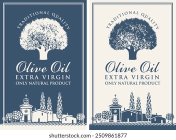 Vector banner or label for extra virgin olive oil with olive tree, calligraphic inscription and with Italian or Greece countryside landscape in retro style.