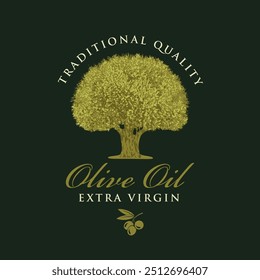 Vector banner or label for extra virgin olive oil with realistic olive tree and handwritten inscriptions on black background in retro style