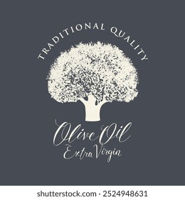 Vector banner or label for extra virgin olive oil with realistic olive tree and handwritten inscriptions on light background in retro style