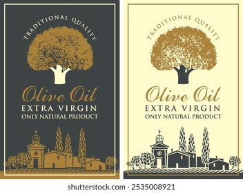 Vector banner or label for extra virgin olive oil with olive tree, calligraphic inscription and with Italian or Greece countryside landscape in retro style.