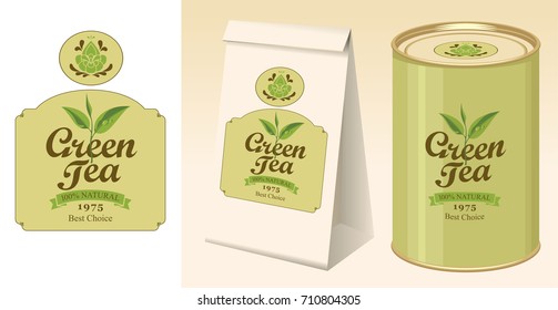 Vector banner and label for green tea with the image of tea leaves on the twig and inscription. Paper 3D package and a tin can of tea with this label