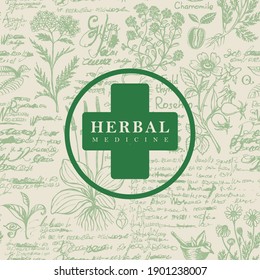 Vector banner or label for herbal medicine in retro style. Hand-drawn illustration with green medical cross on an abstract background with sketches of medicinal herbs