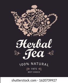 Vector banner or label for a herbal tea with calligraphic inscription on a black background. Illustration with a kettle or teapot consisting of various hand-drawn herbs