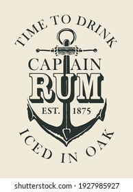 Vector banner or label with inscription Rum, and the words Iced in oak. Monochrome illustration decorated with old ship anchor on a light background in retro style.