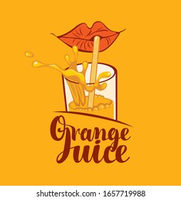Vector banner, label or logo with calligraphic inscription Fresh juice with green leaves and juice drops on an orange background
