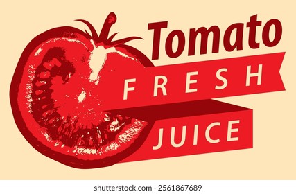 Vector banner, label, logo or emblem for tomato cream soup. Decorative illustration with inscription, a ripe half tomato in retro style