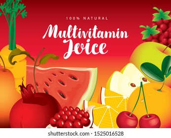 Vector banner, label or menu for Multivitamin juice with various fruits, berries, vegetables and calligraphic inscription on red background