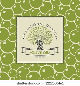Vector banner or label for olive oil with decorative olive tree and ribbon in retro style on the background of green olives