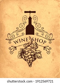 Banner vectorial o etiqueta para la tienda de vinos con curlicues, uva, botella y corcho en estilo retro en un viejo fondo de papel. Ilustración dibujada a mano con dibujo vintage e inscripción