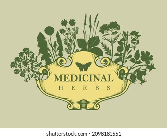 Vector banner or label with the words Medicinal herbs. Vintage frame with medicinal plants in retro style. Beautiful hand-drawn illustration with silhouettes of herbs and flowers on a light background