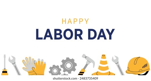 Vector banner for Labor Day with tools, hammer, screwdriver, wrench, gloves and construction helmet. Objects on a white isolated background. Perfect for Labor Day greetings and promotional materials.