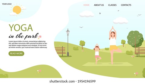 Vector Banner Or Landing Page With Mom And Kid Doing Yoga In The Park. Vector Illustration Of Yoga Nature. Healthy People Lifestyle, Eps 10