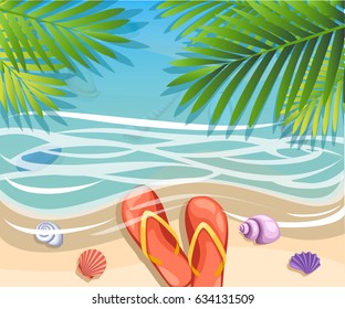 Vector a banner with an landscape beach. Top view of the island paradise.The tropical beach on the seashore for rest palm tree leaves tropics . Maritime hotel.beach towel. Slippers