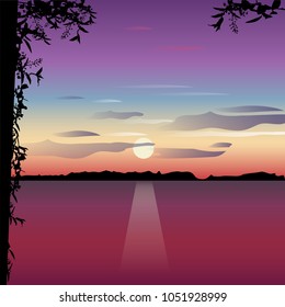 Vector banner with landscape illustration in flat design. Perfect for web design development, web page, flyer, promotion, application. Beautiful sunset.